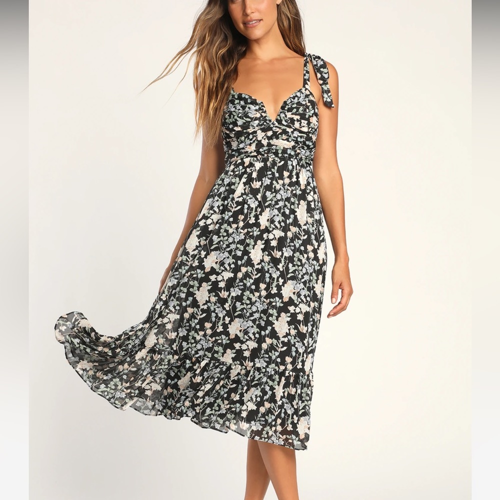 Lush Loveliness Black Floral Lurex Tie-Strap Midi Dress